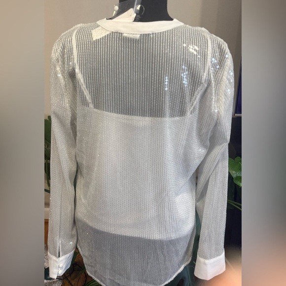 NWT White House Black Market Sheer Button-Up Sequin Blouse - Picture 7 of 11
